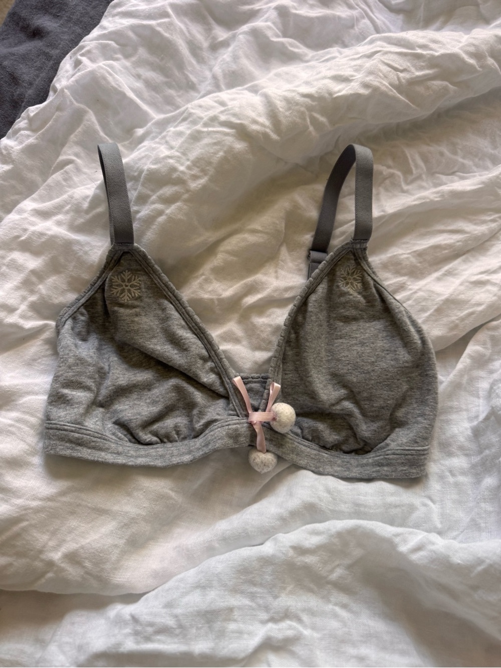 Victoria's Secret Grey Cotton Bralette with Pink Bow and Pom Accents